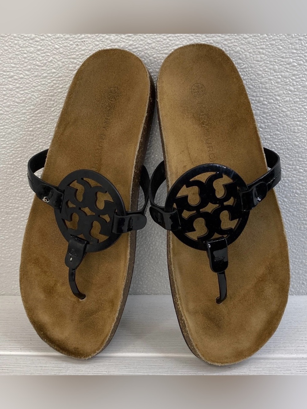 Tory Burch Miller Cloud Sandals Women's Size 10 Patent Black Leather EUC